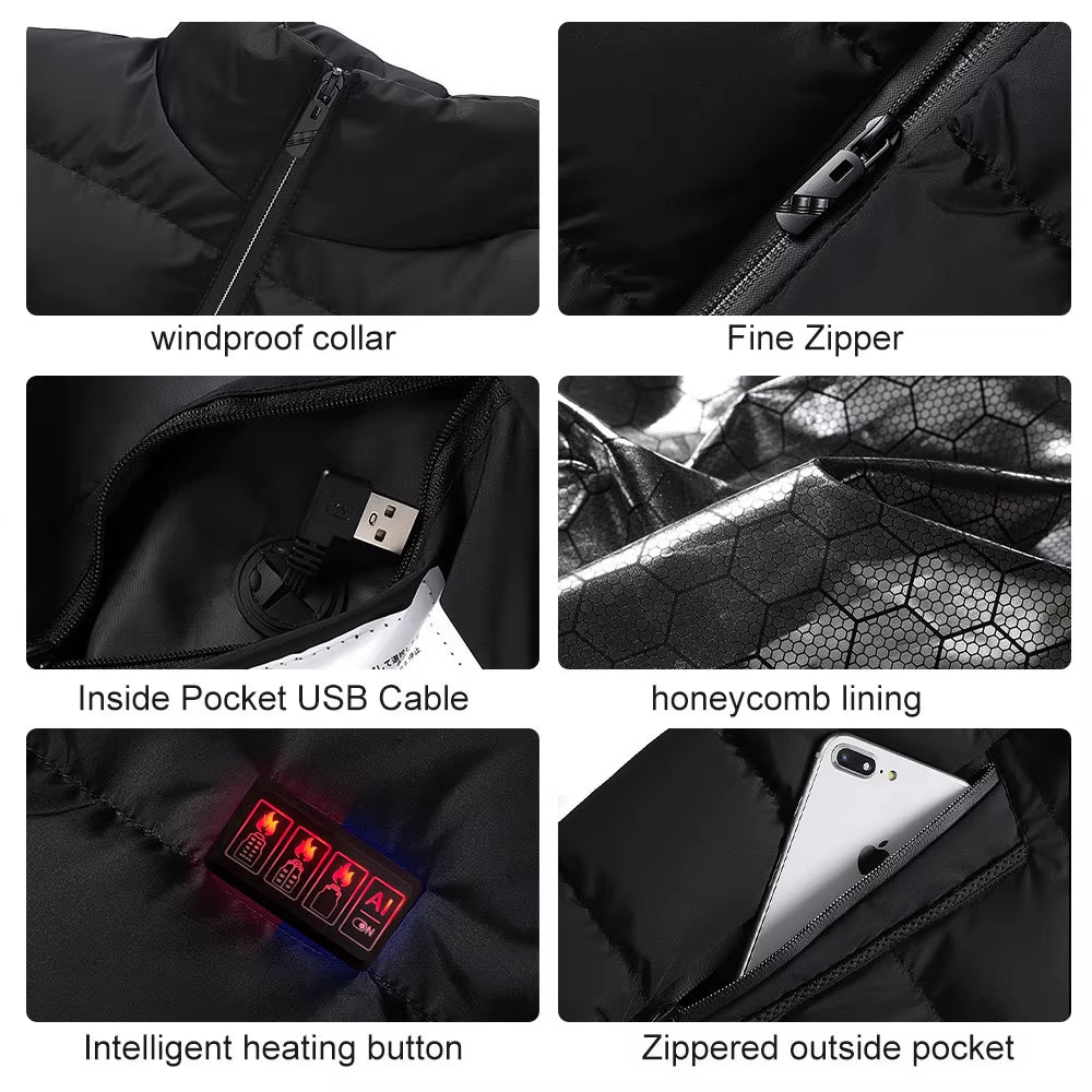 23-Zone Heated Vest Smart Heating Jacket Carbon Fiber Polyester Blend Fabric in Solid Stand Collar Design Featuring with Zipper