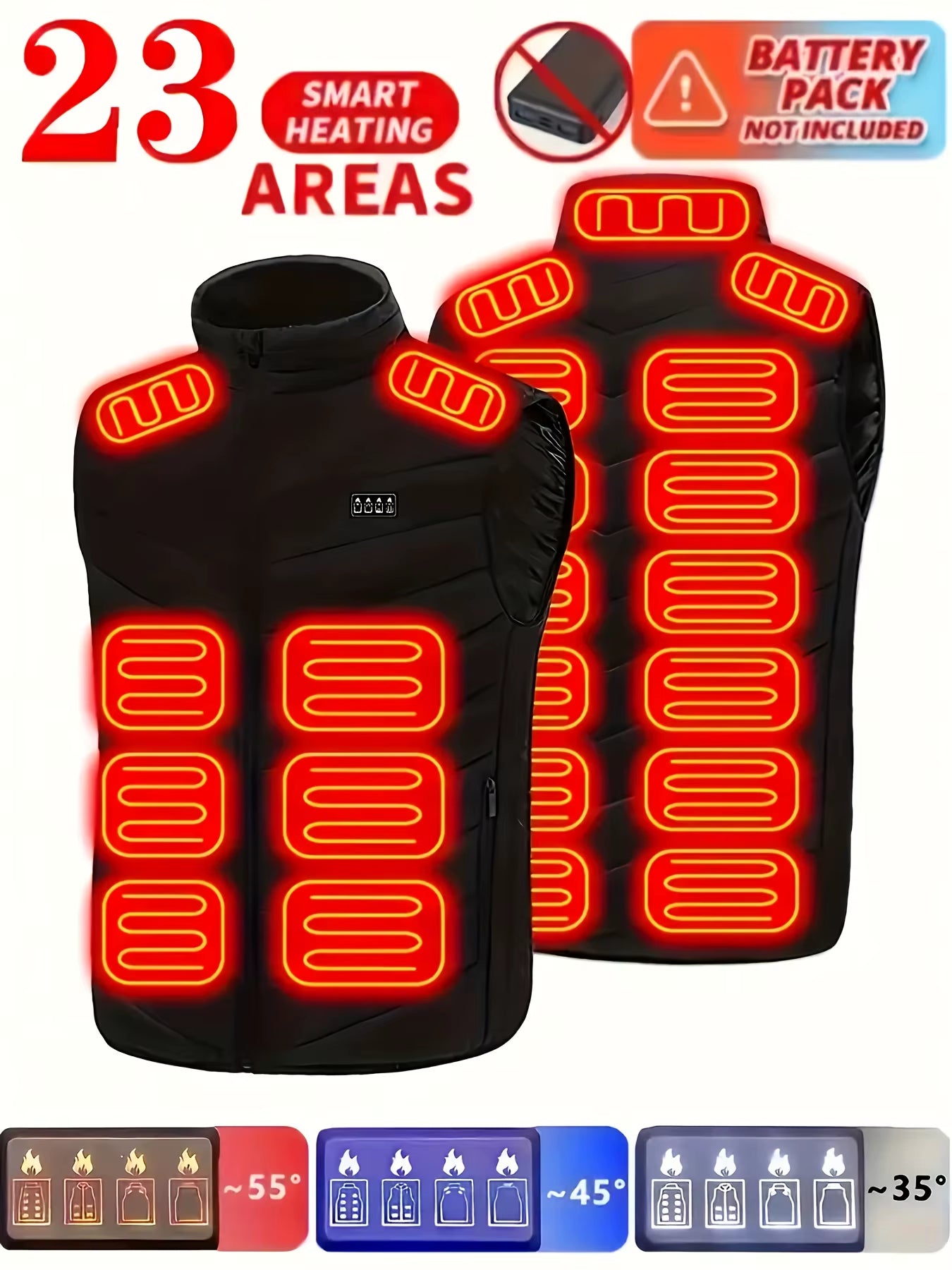 23-Zone Heated Vest Smart Heating Jacket Carbon Fiber Polyester Blend Fabric in Solid Stand Collar Design Featuring with Zipper