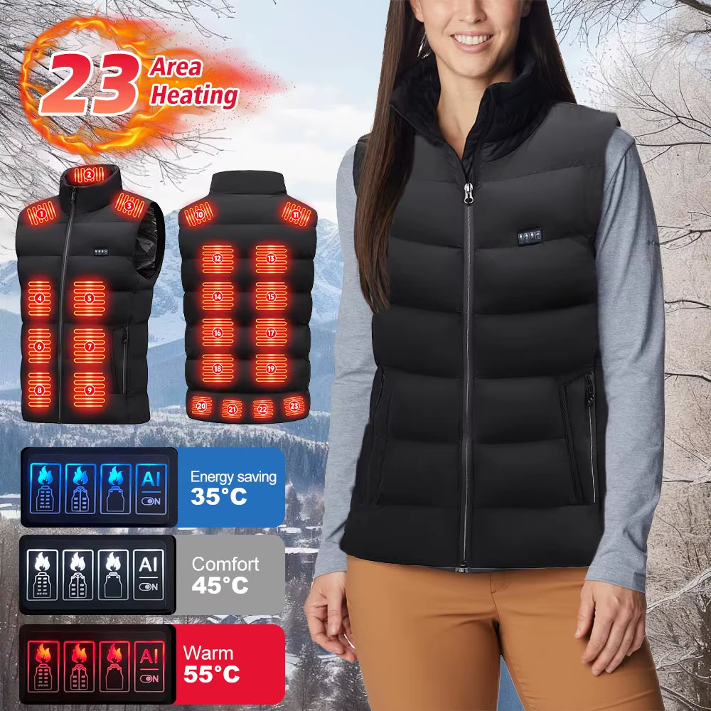 23-Zone Heated Vest Smart Heating Jacket Carbon Fiber Polyester Blend Fabric in Solid Stand Collar Design Featuring with Zipper
