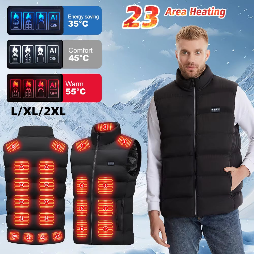 23-Zone Heated Vest Smart Heating Jacket Carbon Fiber Polyester Blend Fabric in Solid Stand Collar Design Featuring with Zipper