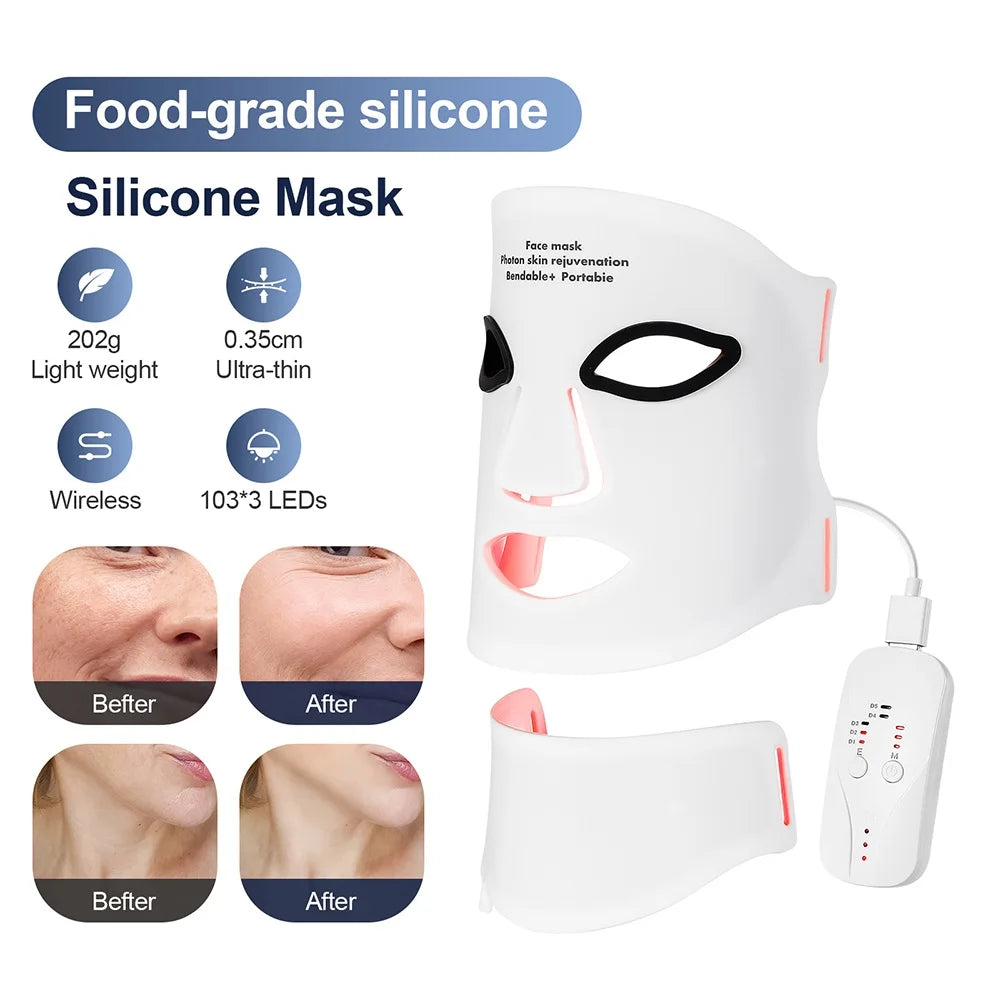 Silicone LED Face & Neck Mask — Wireless Light Therapy for Skin Rejuvenation & Anti-Aging