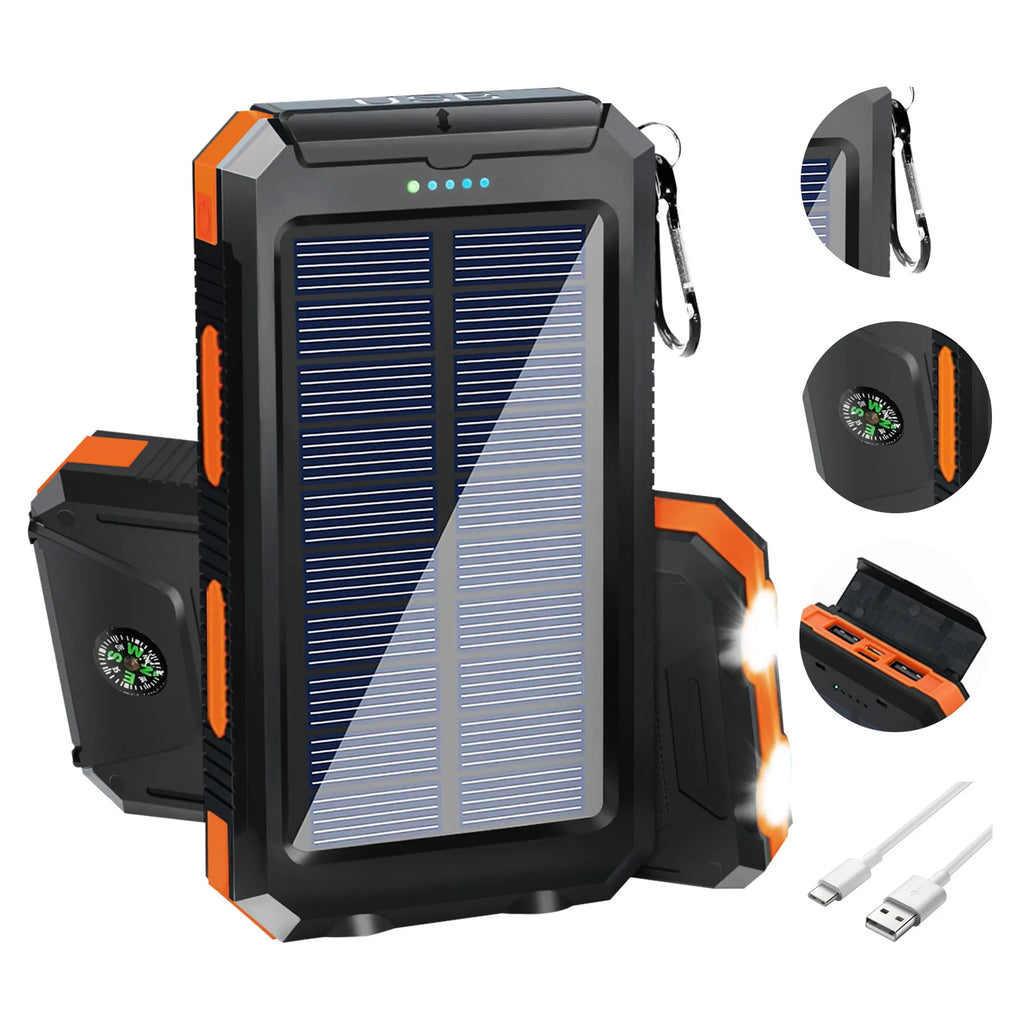 20000Mah Solar Power Bank Portable Solar Charger Waterproof Dual 5V USB Ports 2 LED Light Flashlight for Cell Iphone Outdoor