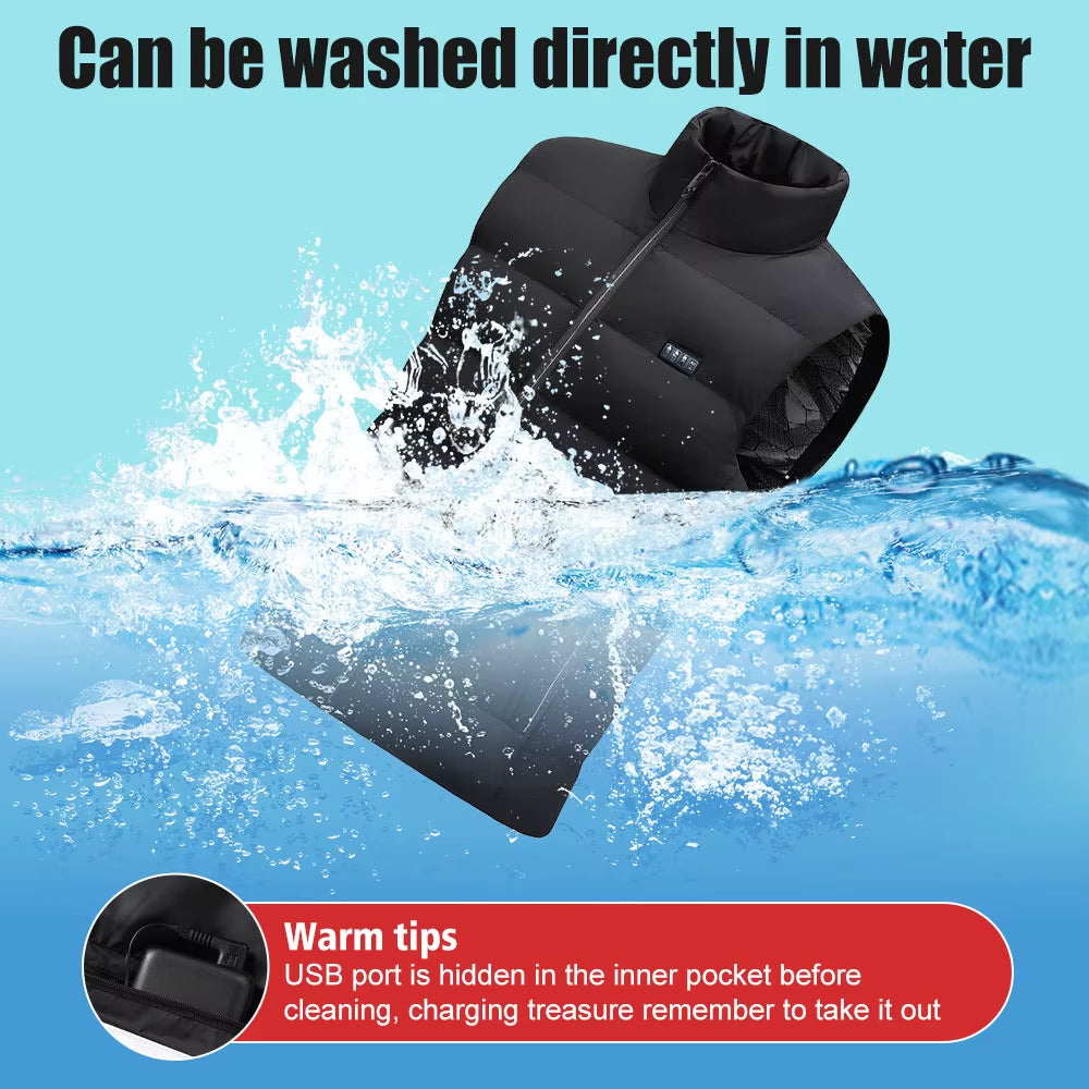 23-Zone Heated Vest Smart Heating Jacket Carbon Fiber Polyester Blend Fabric in Solid Stand Collar Design Featuring with Zipper